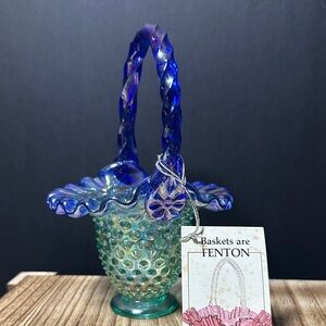 Fenton Iridescent Blue Glass Basket